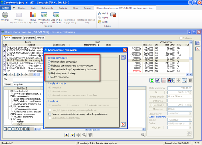 Automatyczne generowanie zamówień zakupu z Bilansu Stanu Towarów, z możliwością wskazania kryterium wyboru dostawców